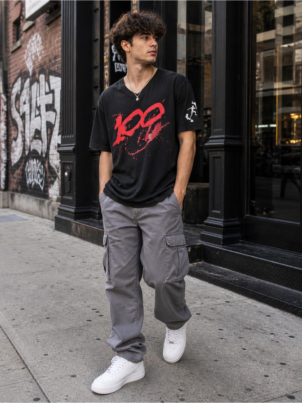 Hustler Black V-Neck Tee with Pink Graphic